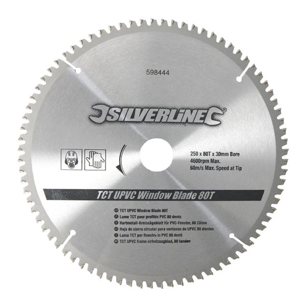 Silverline TCT UPVC Window Blade 80T 250 x 30 - 25, 20, 16mm Rings