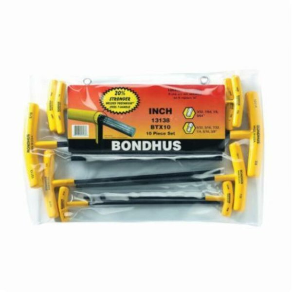 BONDHUS BTX10 T-Handle Ball Driver Hex 10pcs Imperial Set 3/32"-3/8", 13138