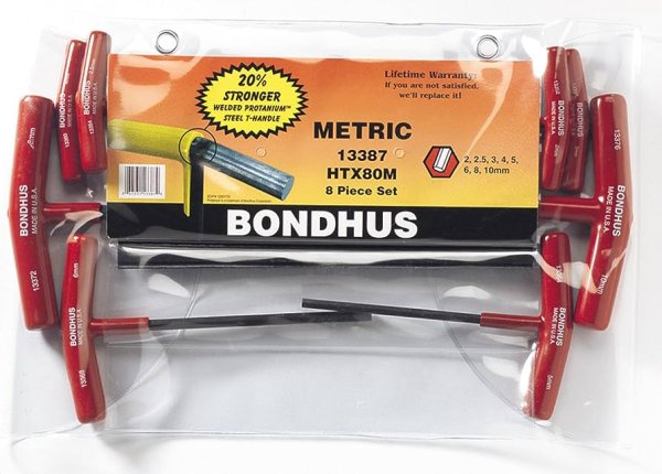 BONDHUS HTX80M T-Handle Hex Driver 8pcs Metric Set 2mm-10mm Graduated Lengths, 13387