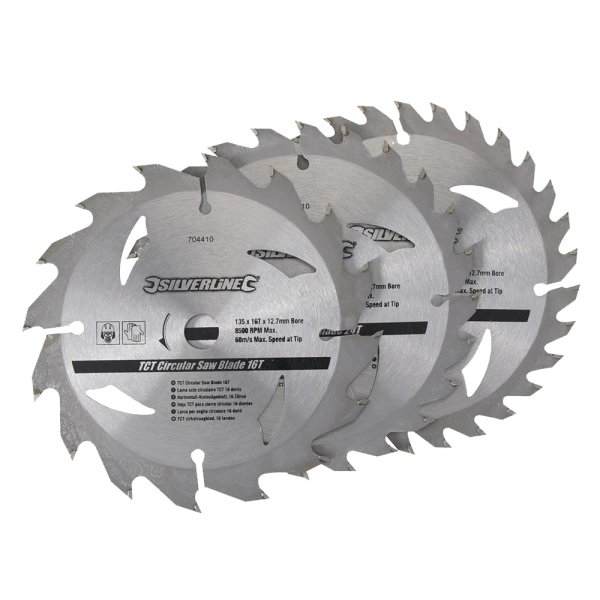 Silverline TCT Circular Saw Blades 16, 24, 30T 3pk 135 x 12.7 - 10mm Ring