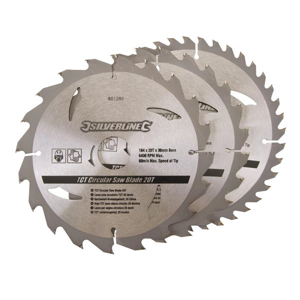 Silverline TCT Circular Saw Blades 20, 24, 40T 3pk 184 x 30 - 20, 16mm Rings