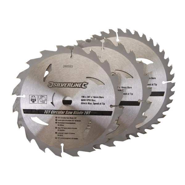 Silverline TCT Circular Saw Blades 20, 24, 40T 3pk 190 x 16 - No Ring