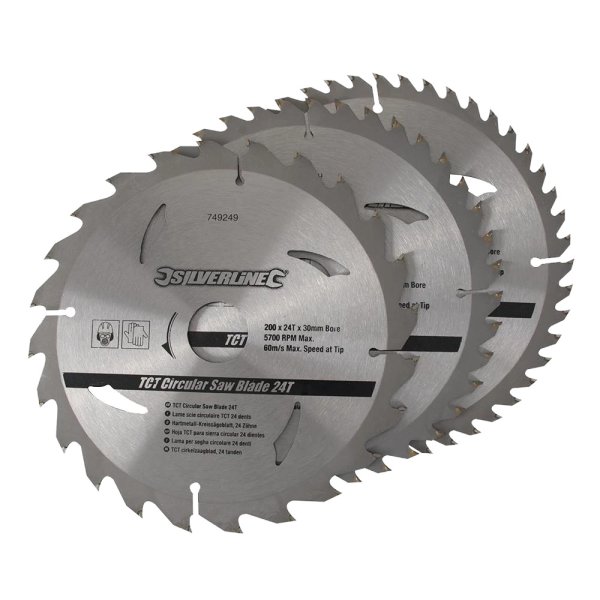 Silverline TCT Circular Saw Blades 24, 40, 48T 3pk 200 x 30 - 25, 18, 16mm Rings