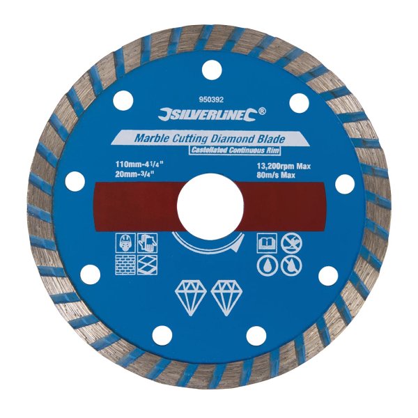 Silverline Marble Cutting Diamond Blade 110 x 20mm Castellated Continuous Rim